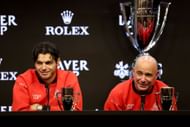 Taylor Fritz (left) and Andre Agassi (right) at a press conference following Team World's title triumph at the 2025 Laver Cup (Source: Getty)